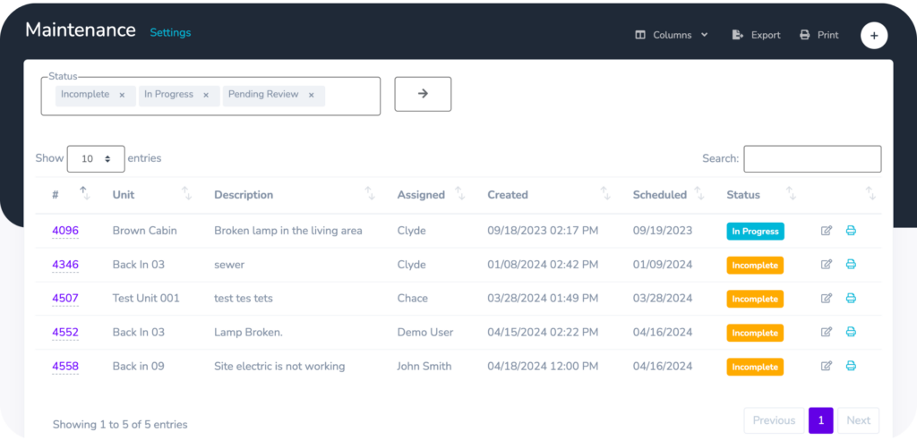 screenshot of staylist's software of the maintenance module