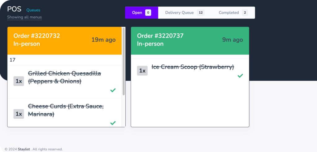 screenshot of staylist's software kitchen queue modeule