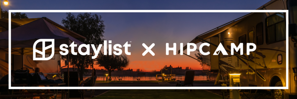 Staylist and Hipcamp partnership banner with RV park at sunset and campground scenery.